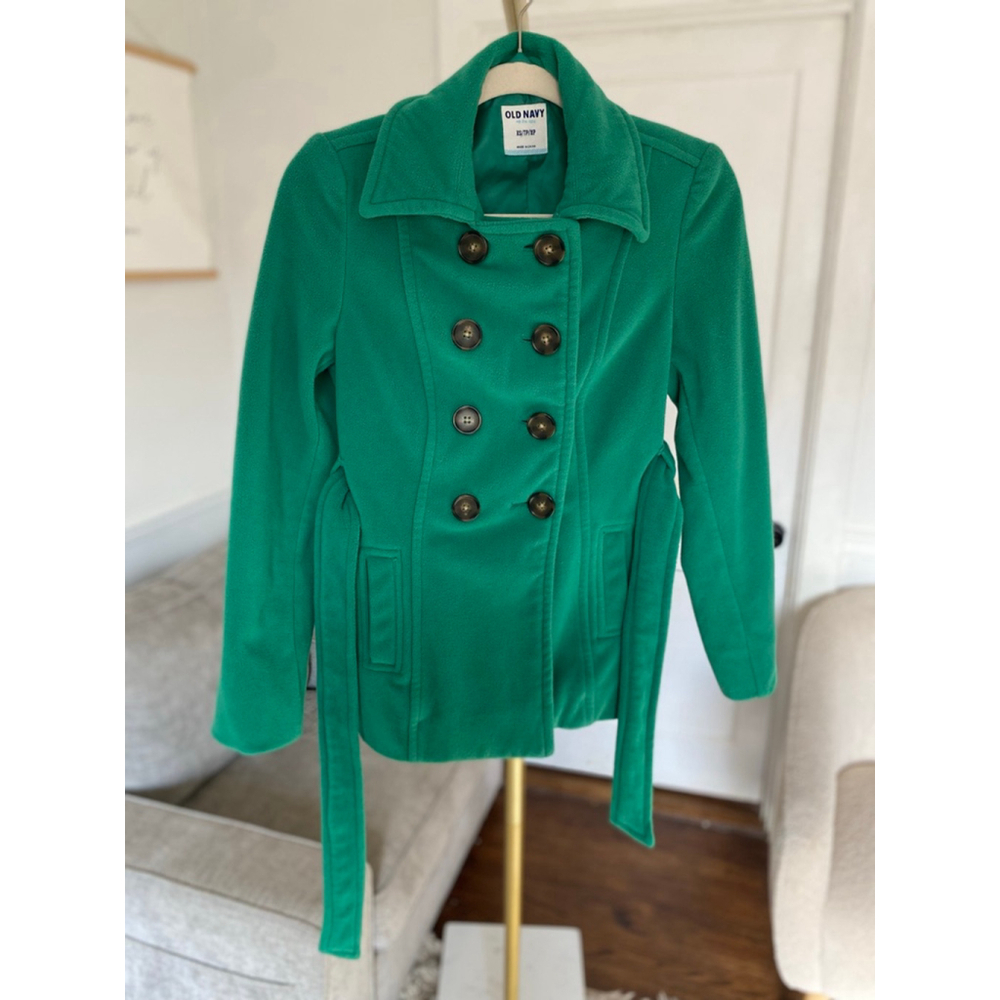 Old Navy Emerald Green Fleece Peacoat Belted Double Breasted Kelly Green Preppy - Picture 3 of 9